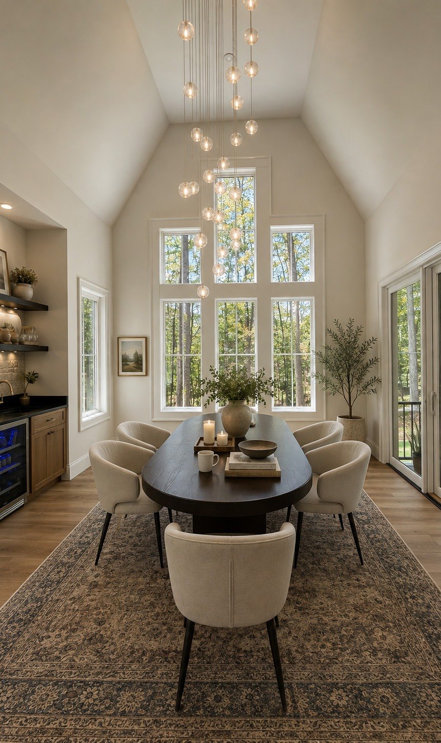 Dining room beneath a two-storey window wall with a cascading chandelier
