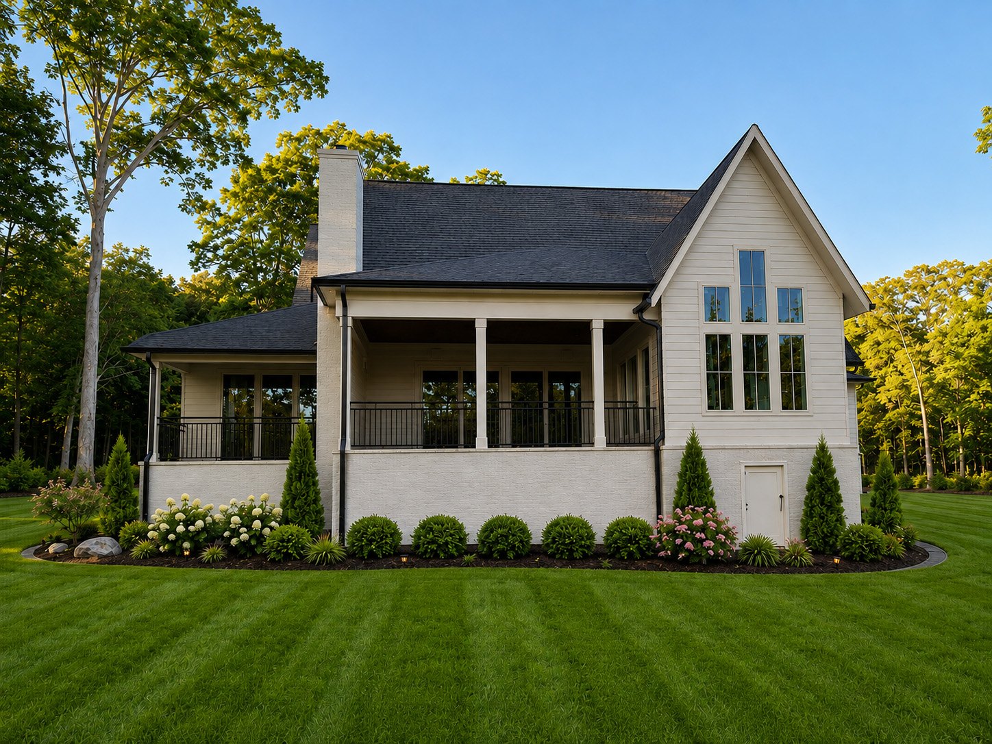 Rear elevation with a covered porch, brick chimney and a tall window wall