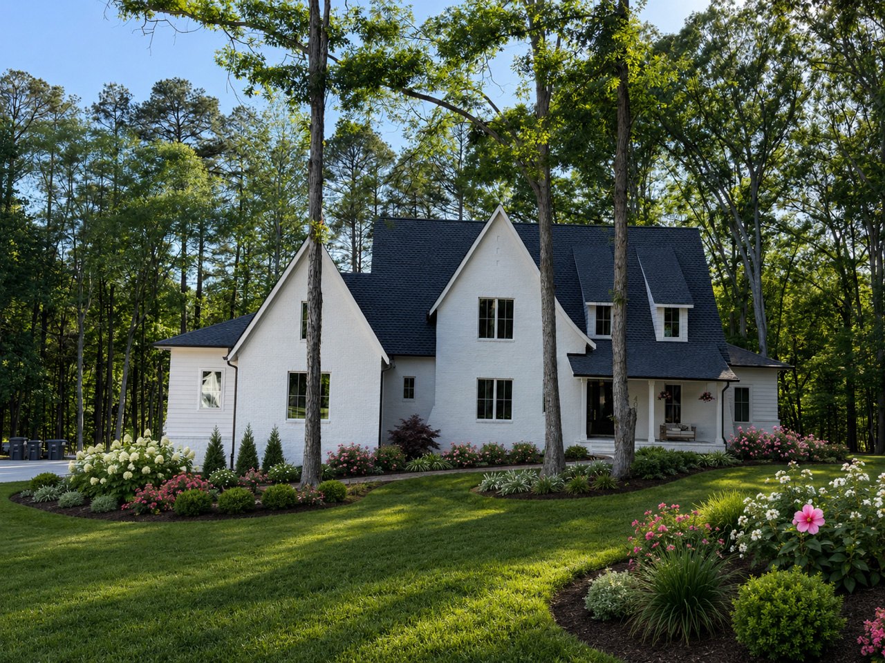 White brick elevation with dormers and a covered entry, framed by mature pines