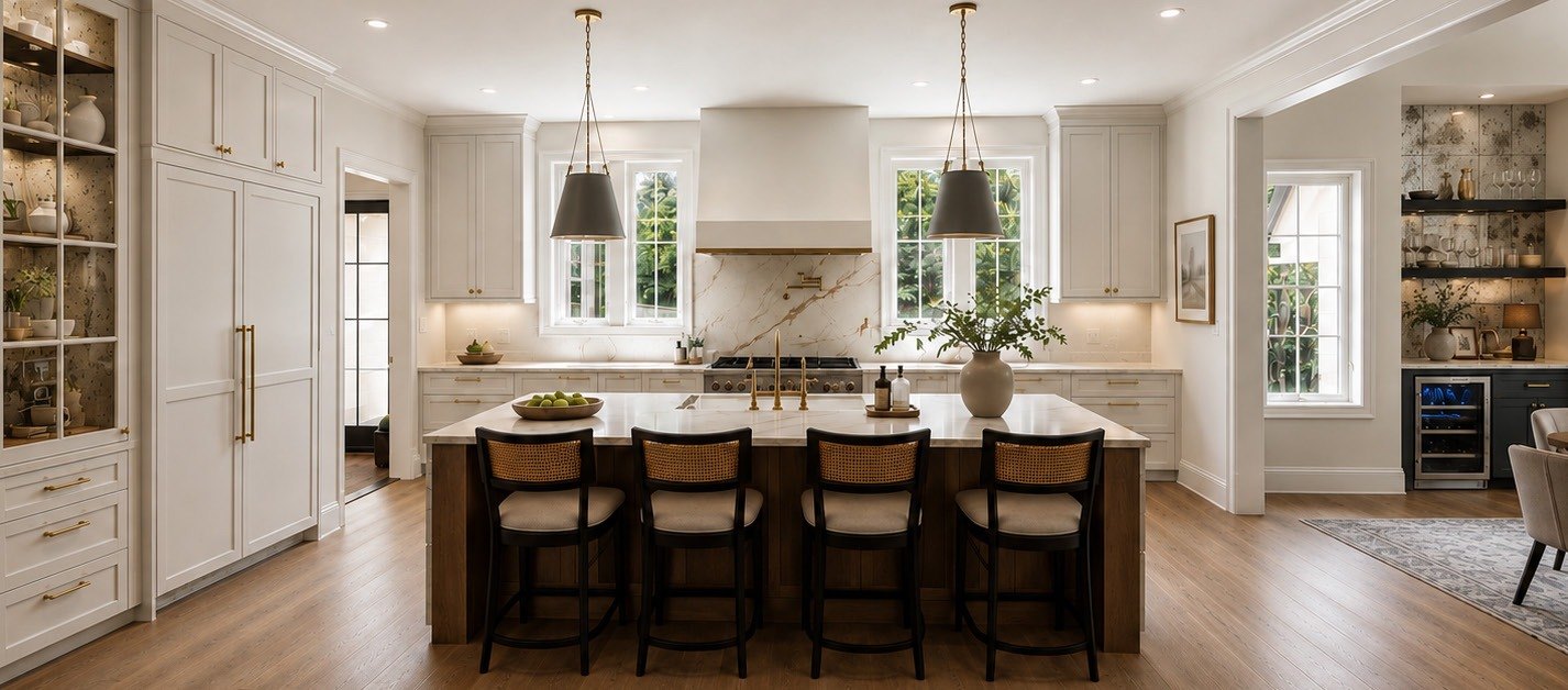 Custom kitchen with marble backsplash, paneled cabinetry and a large island