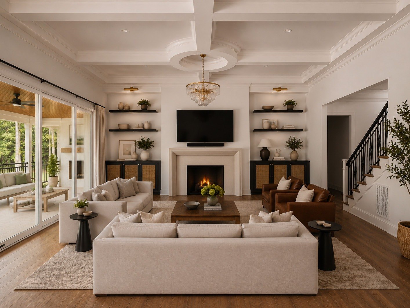 Living room with coffered ceiling, fireplace and built-in shelving opening to a covered porch
