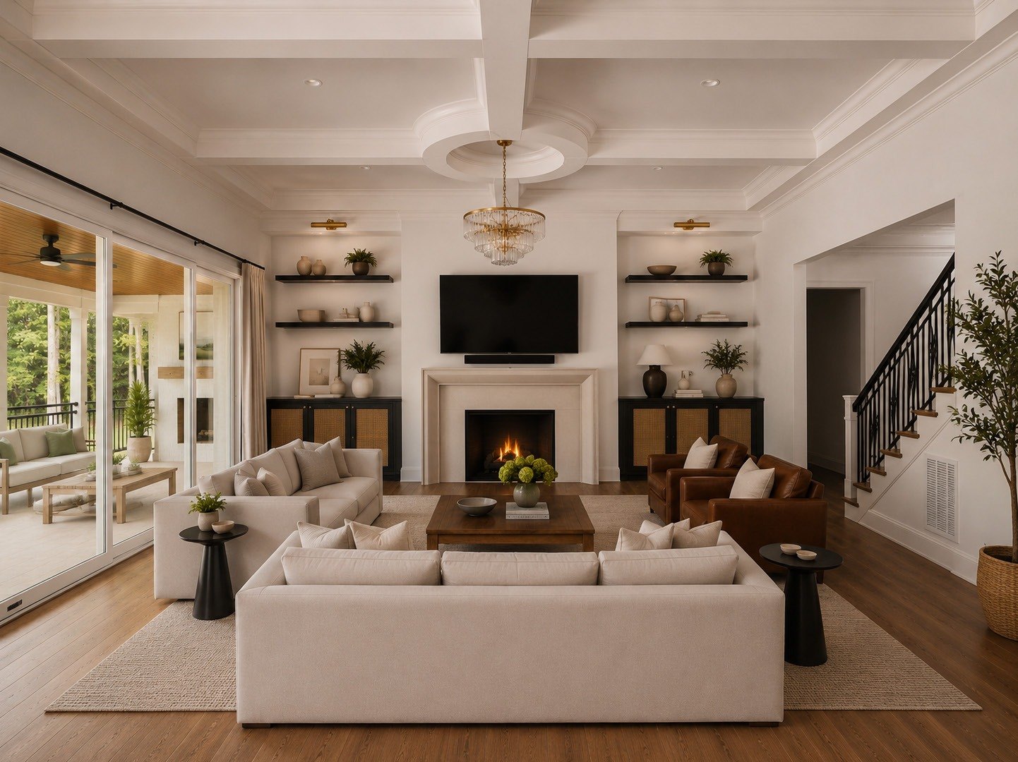 Living room with coffered ceiling, fireplace and sliding doors open to the covered porch