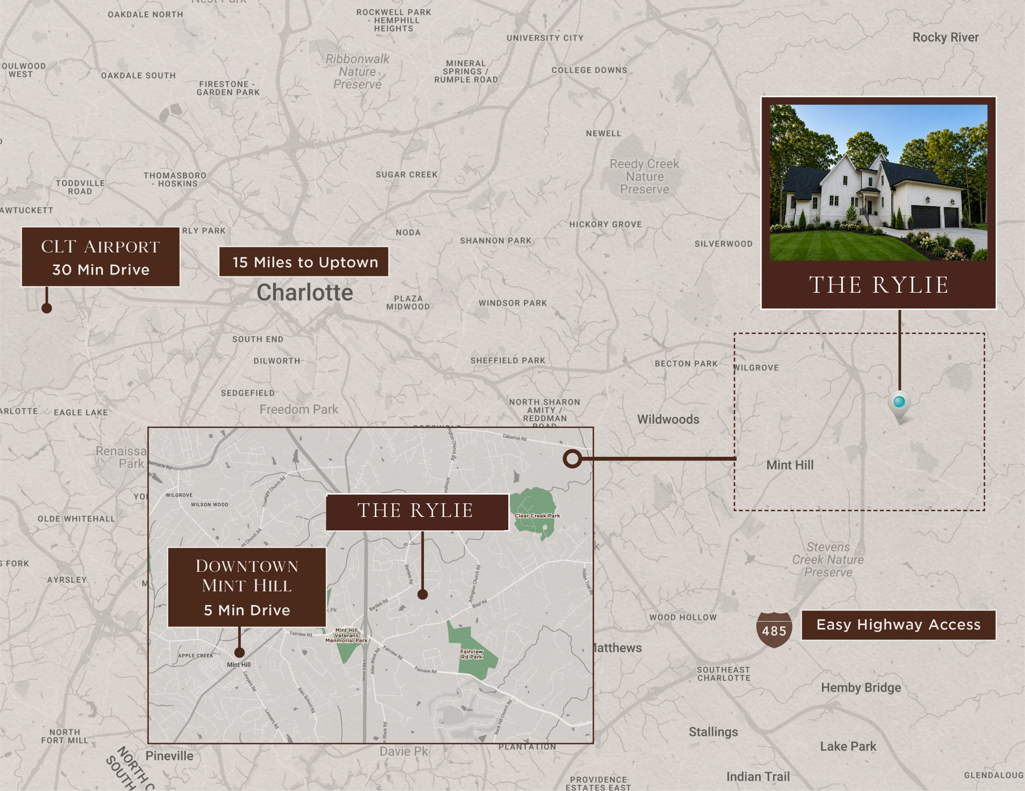 Map showing The Rylie in Mint Hill: five minutes to downtown Mint Hill, fifteen miles to Uptown Charlotte, thirty minutes to Charlotte Douglas International Airport, with easy access to I-485