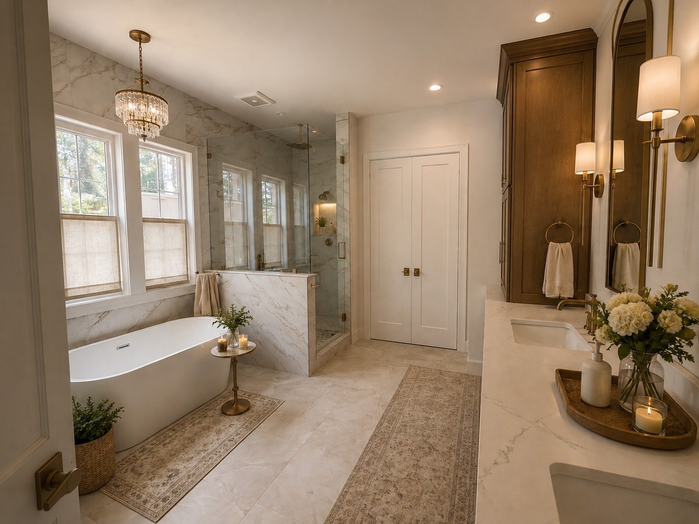Primary bath with freestanding tub, marble surrounds and a glass shower