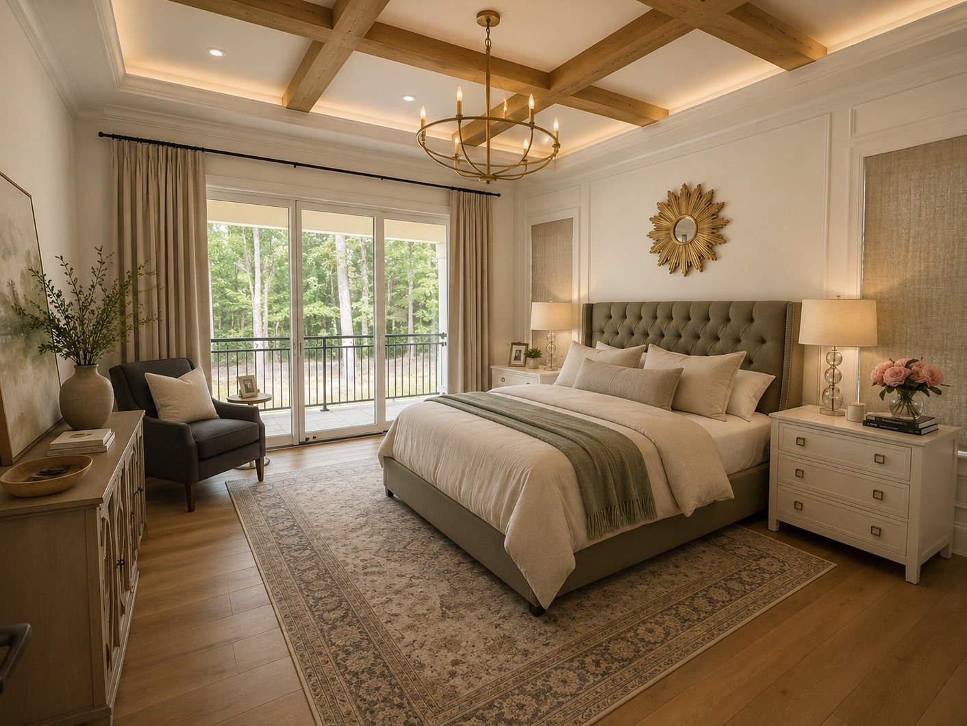 Primary bedroom with beamed ceiling and doors opening to a balcony